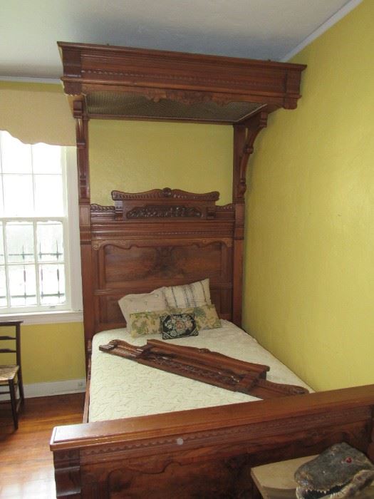 Victorian burled walnut tester bed... crown is on mattress