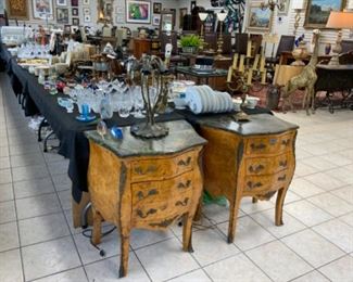 Pair burled olive wood bombe chests w/bronze mounts and marble tops (tops have been repaired) $1,100 pr.