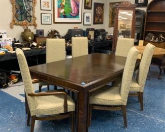 Drexel contemporary dining table w/3 leaves $500.          Set of 6 Drexel upholstered dining chairs $600 set