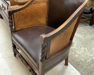 Oak barley twist w/leather barrel back chair $300