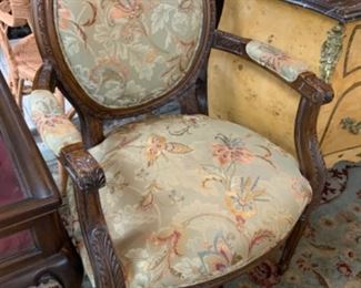 Pair Fairfield Furniture fauteuil chairs w/ Brunschwig & Fils fine upholstery. $900 pr