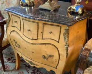 Marble Top Burl Olive Wood bombe chest w/bronze mounts $500