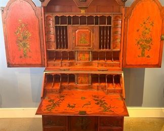 Scarlet & Gold Japanned Bureau Fall Front Secretary Cabinet, Housing Multiple Drawers and Cubbies