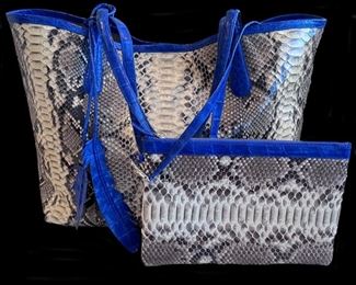 2piece Nancy Gonzalez Python with Blue Crocodile Trim Shoulder bag & Pouch