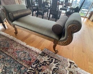 roll armed bench and handmade rugs