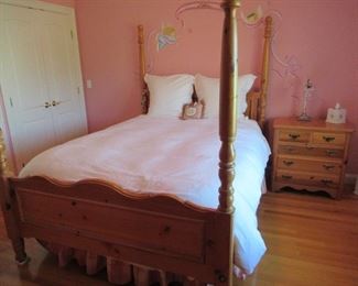 QUEEN SIZE PINE BED AND COMES WITH A CANAPY TOP 