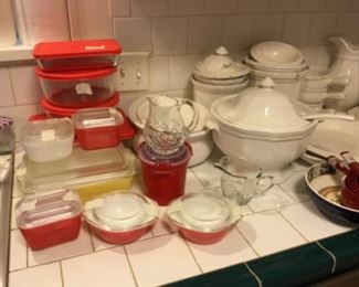 Kitchen - vintage Pyrex refrigerator dishes with lids, newer Pyrex with plastic lids, Pfaltzgraff Heritage soup tureen with ladle & underplate, canister set, & more