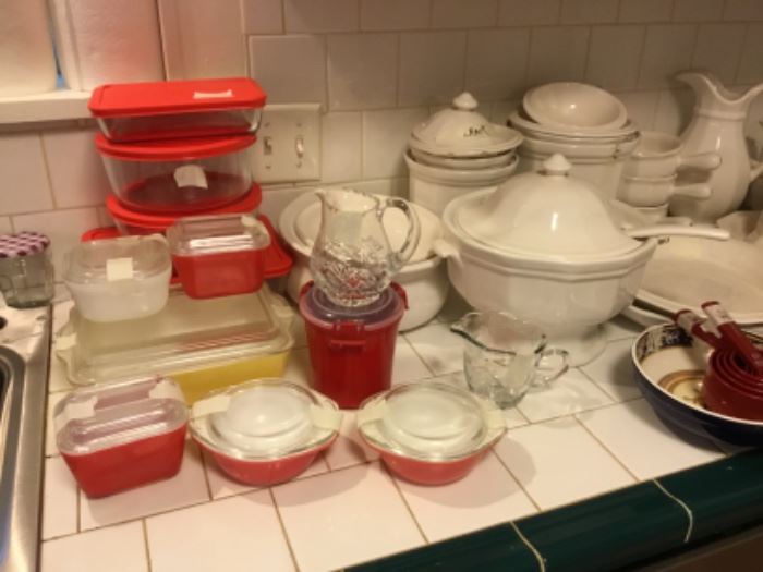 Kitchen - vintage Pyrex refrigerator dishes with lids, newer Pyrex with plastic lids, Pfaltzgraff Heritage soup tureen with ladle & underplate, canister set, & more