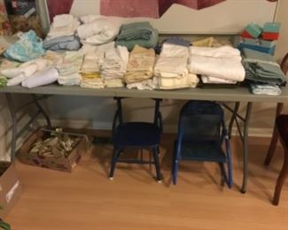 Living Room- linens & small mesh child’s rocker and vintage child’s wooden chair