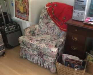 Office - has Christmas items, desk, chair, electronics, suitcases, stuffed animals, and more