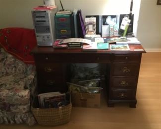 Office - has Christmas items, desk, chair, electronics, suitcases, stuffed animals, and more