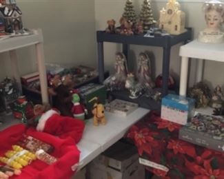 Office - has Christmas items, desk, chair, electronics, suitcases, stuffed animals, and more