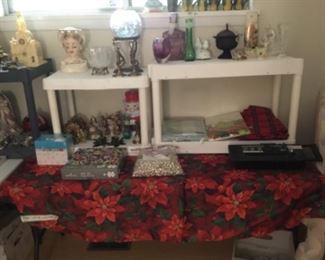 Office - has Christmas items, desk, chair, electronics, suitcases, stuffed animals, and more