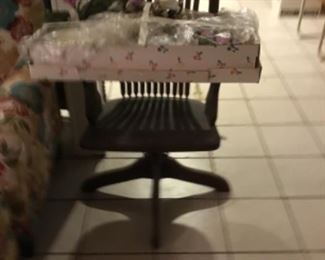 Downstairs- Vintage wooden rolling desk chair & decor