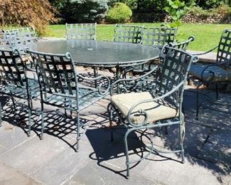 Brown Jordan patio set. Oval table, ten side chairs, two chaises, two tables