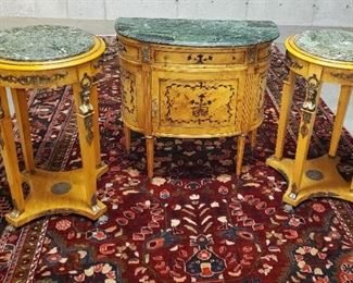 Set of Italian burled wood marble top pedestals and chest with bronze mounts and painted detail.