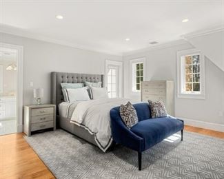 Queen size suite. Tufted headboard, Mitchell Gold chest and nightstand