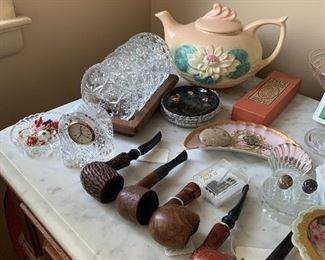 Vintage pipes, tea pots, crystal