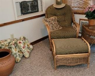High-end rattan chair with ottoman and side table by Braxton Culler furniture from the "Everglade" collection