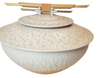 Signed Bamboo Handled Lidded Pot