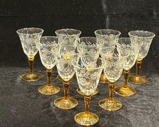 Vintage Etched Tiffin Cordial liquor glasses with amber stems