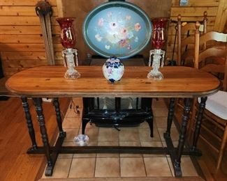 hall table, antique lamps, Tole tray..