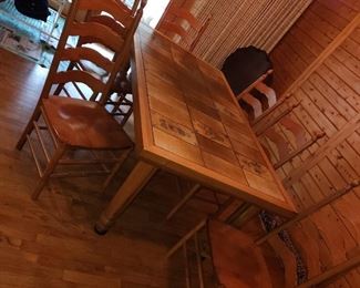 dining table, Amish made, solid wood with tile top, with 6 chairs