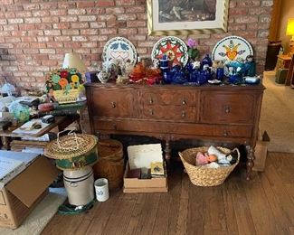 Blue glass, Pennsylvania Dutch bucket, crock, buffet cabinet