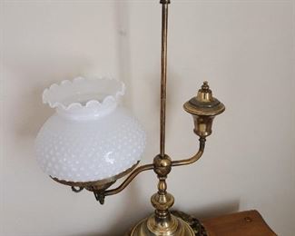 Brass Student Lamp with hobnail milk glass shade
