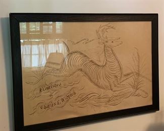 Calligraphy Signed 26”x17” “the bounding deer stage bears Diana to the chase”