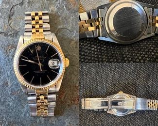 Vintage Rolex Oyster Perpetual Date Just Automatic Wristwatch, Bracelet: Stainless steel and 18k yellow gold Jubilee, Black Index, Case: Stainless steel w/ 18k yellow gold fluted bezel; Automatic movement w/ date, acrylic crystal, waterproof screw-down crown