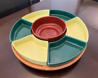Vintage mid-century wooden Strathaus Lazy Susan turntable and (replaced) center bowl (original would have been turned wood) with 6 green ceramic appetizer trays- USA 