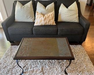 Graphite nubby fabric 3-seat sofa, decorative pillows & Cocktail Table