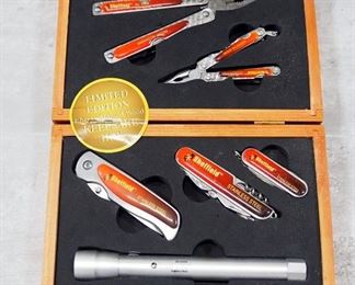 Sheffield Knives, Folding Tools, And Flashlight Set In Wood Keepsake Box
