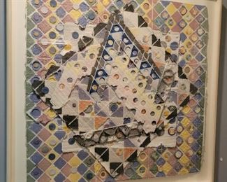 Alan Shields Etching with collage in colors on paper.