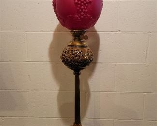 Dragon / Griffin Lamp with Embossed Grapes & Leaves Cranberry Satin Shade. Duplex Burner.