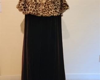 Victorian era black velvet beaded fur trimmed winter cloak cape with mannequin stand. Vintage Clothing.