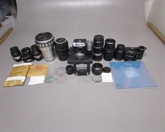 BOX FILM PRINTER OPTICS HARDWARE/LENSES INCLUDING TECO ANAMORPHOC ADAPTOR DX B NO. 50312, NIKON 150MM 1:2.8 M=1, CHINON 1:17 512551NIKON 1:2.B F=1...