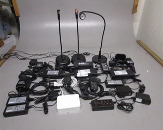 LOT ELECTRONICS INCLUDING DESKTOP WORK LIGHTS INCLUDING LITTLITE , POWER SUPPLIES