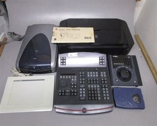 LOT OF ELECTRONICS INCLUDING EUPHONIX MC TRANSPORT CONTROL PANEL, DA VINCI CONTROL PANEL, EPSON PERFECTION 3200 PHOTO PRINTER, AND MORE