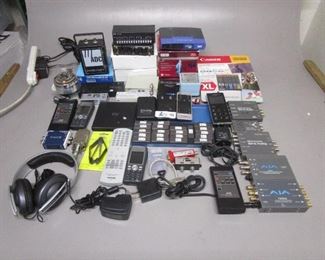 BOX MISC ELECTRONICS INCLUDING BLACK MAGIC DESIGN SDI TO AUDIO , RACK UP RU-LA2D, INLAND LCD WALL MOUNT, AJA, ADC AND MORE SOME NOS