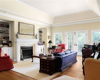 Living Room- 7 foot Blue Damask Sofa, Pair of Burgundy stain stripe wingback chairs, Councill Craftsmen coffee table. (Note: realtor photo, the piano and some other items may have been removed.)