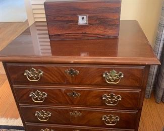 19th century Rosewood Jewel Box with hidden drawer with MOP cartouche & escutcheons on Drexel Heritage 4-drawer chest /nightstand in the Chippendale style 