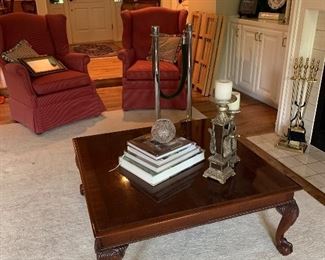 Councill Craftsmen Coffee Table: banded satinwood with ebony with ball and claw feet , 38 x 38 x 16.5" height on an antiqued Pakistani room size rug (approx 10 x 14) with subtle design