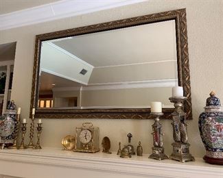 framed gilt wood beveled mirror above mantle- (58 x 44"), brass and chinoiserie