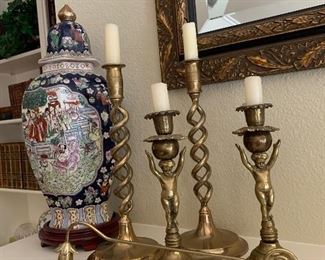Chinese porcelain vase with lid and stand one of two Vintage brass barley twist & cherub candlesticks