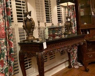 Marble topped entryway or console table carved apron and paw feet  58" across and 35" height