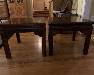 Pair of vintage Ethan Allen parson style end tables with Asian influence apron (sold individually) 