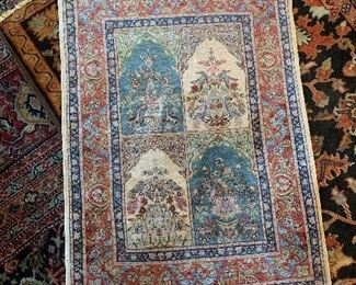 Silk pile on silk foundation TURKISH HEREKE rug  signed by weaver with a panel prayer rug design, 23.25" x 32"
