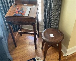  antique English child’s desk, Hands of Wycombe antique stool UK